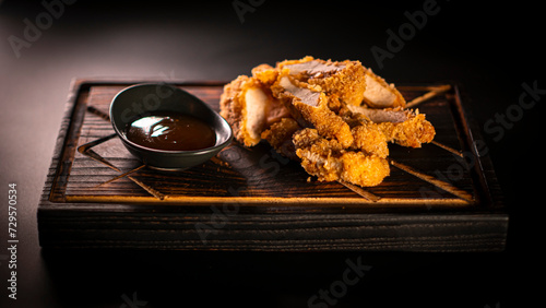 chicken nuggets with sauce on a board