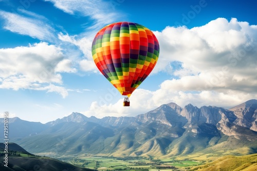 Colorful hot air balloon floating in the sky above the mountains, background © Radmila Merkulova