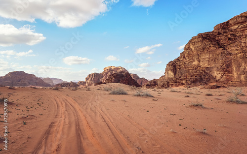 Red orange sandstone rocks formations in Wadi Rum desert  vehicle tire prints in sand road near