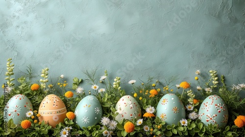 Easter table setting with painted eggs and floral decor on white background, flat lay, text space