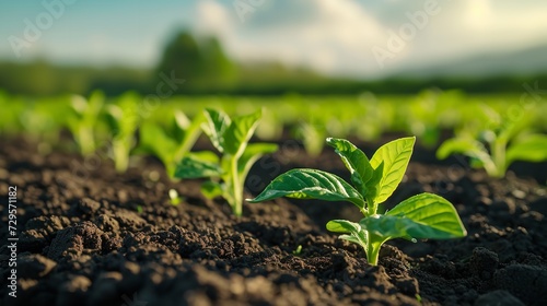 Tobacco plants just starting to sprout, close-up of ground-based tobacco seedlings with space, Generative AI.