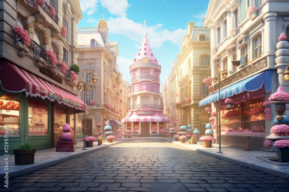European city street pink color with pastry and sweets and candy