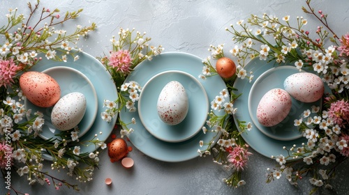 Festive easter table setting with painted eggs, floral decor, white background, flat lay, copy space