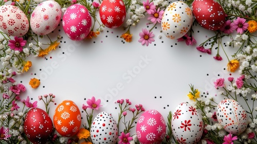 Festive easter table setting with painted eggs and floral decor on white background, flat lay