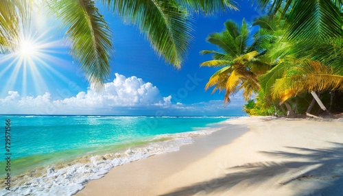 sunny tropical caribbean beach with palm trees and turquoise water caribbean island vacation hot summer day © Kira