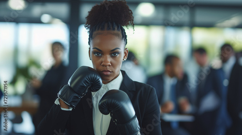 Black businesswoman in office wearing red boxing gloves, looking determined 