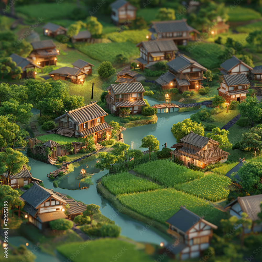 Obraz premium 日本の風景ジオラマ：夏