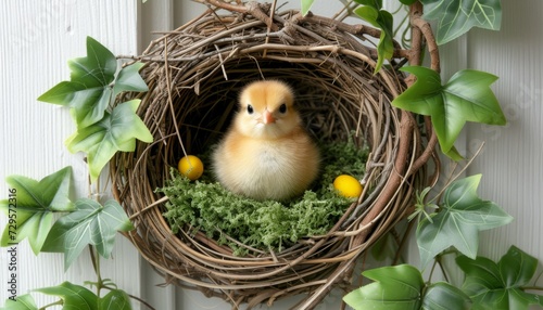 Easter eggs in nest with yellow cute chick on white background   top view mockup
