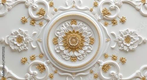 Ceiling 3D wallpaper adorned with a white and golden mandala decoration model set against a decorative frame backdrop.  © Matthew