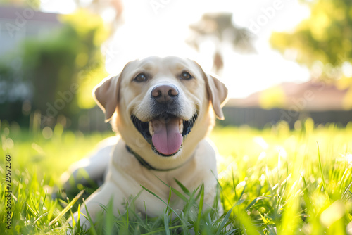 golden retriever, labrador puppy dog laying at the porch in the tall grass. pet ad. welcome home. happy smiling. golden hour. daylight., summer photo