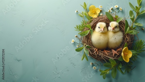 Colorful easter eggs in nest with adorable yellow chick, top view mockup on white background