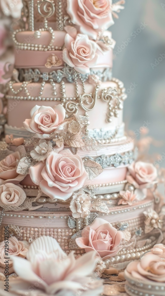 A wedding cake with pink roses and pearls A wedding cake with pink roses and pearls