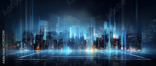 Illustration of a modern futuristic smart city concept with abstract bright lights against a blue background. Showcases cityscape urban architecture, emphasizing a futuristic technology city concept.