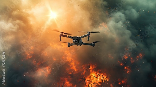 A drone flies over the battlefield through the smoke of battle. A drone navigates through the smoke-filled battlefield, capturing moments of conflict.