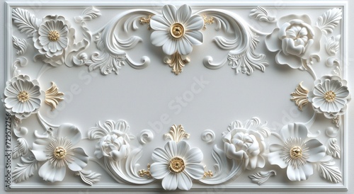 Ceiling 3D wallpaper adorned with a white and golden flowers decoration model set against a decorative frame backdrop.
