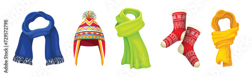 Winter Warm Clothes Accessory with Scarf, Hat and Socks Vector Set