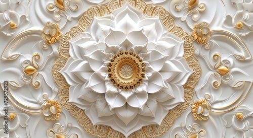 Ceiling 3D wallpaper adorned with a white and golden mandala decoration model set against a decorative frame backdrop.
