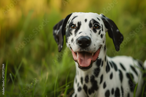 happy joyful and smiling dalmatian puppy dog laying at the porch in the tall grass. pet ad. welcome home