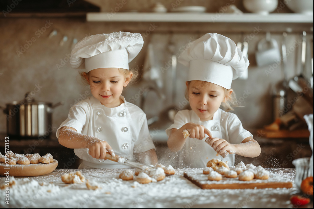 two Childs in chef hat bakes cookies in the kitchen two Childs in chef hat bakes cookies in the kitchen