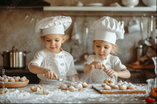 two Childs in chef hat bakes cookies in the kitchen