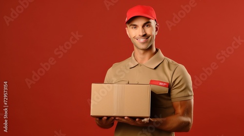 A parson holding a parcel box on a solid color background