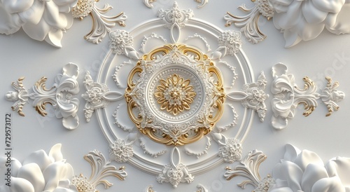 Ceiling 3D wallpaper adorned with a white and golden mandala decoration model set against a decorative frame backdrop.
