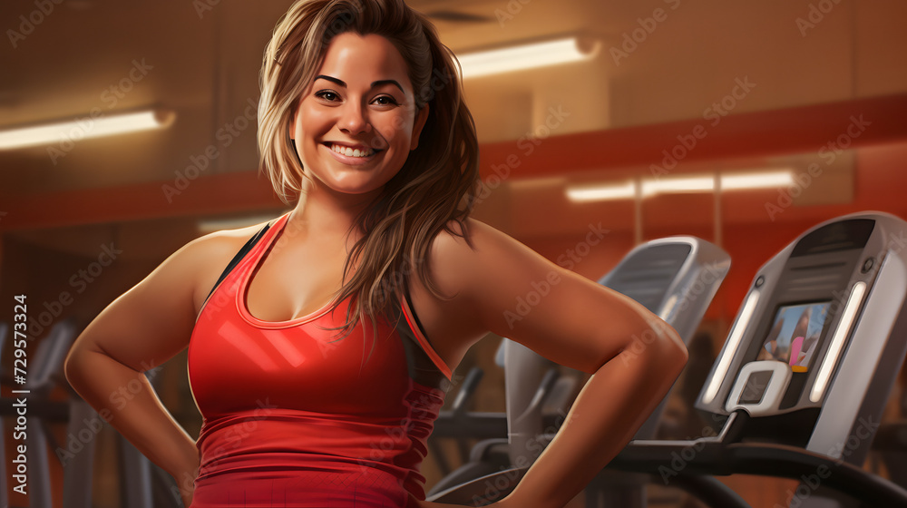 A confident lady with a bright smile, dressed in red workout clothing, stands against the indoor gym wall, showcasing her strong shoulders and determination as she begins her workout
