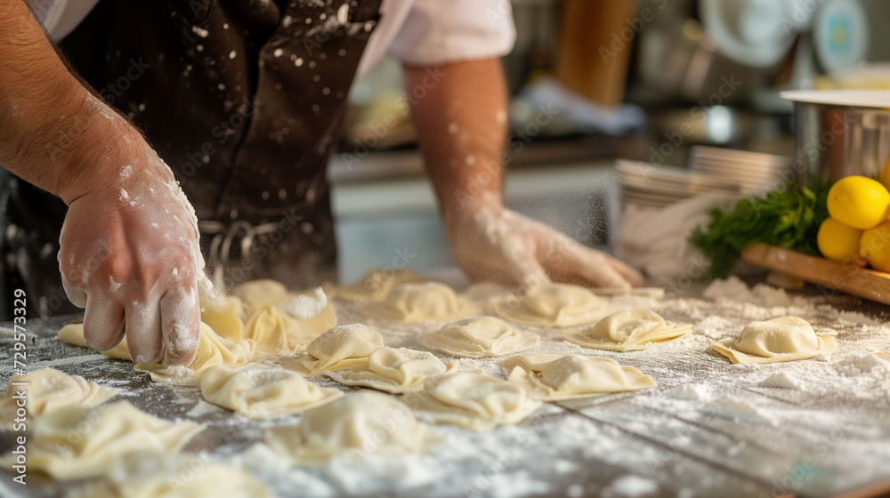 A man stands in a kitchen as he prepares pasta like Swabian Maultaschen or dumplings or ravioli A man stands in a kitchen as he prepares pasta like Swabian Maultaschen or dumplings or ravioli