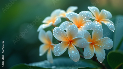 Beautiful blooming White plumeria with green background.