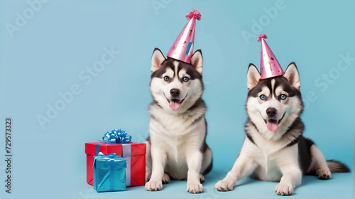 Happy dog gift box birthday balloons celebration. Funny husky dogs on a blue background © Klymentii