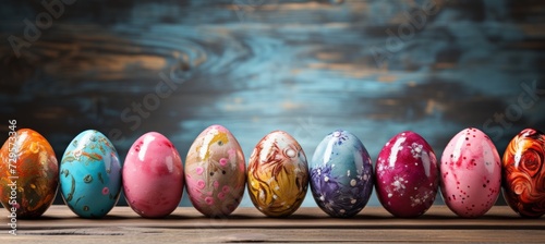 Colorful easter eggs on wooden table, holiday background for decoration with space for text.