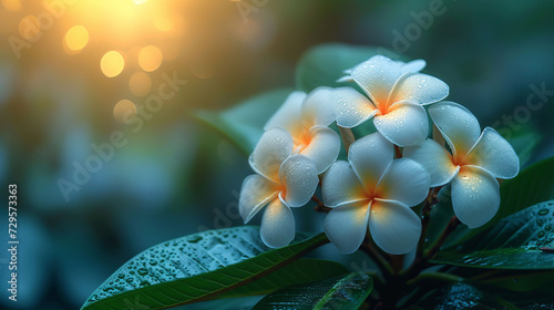 Beautiful blooming White plumeria with green background. photo