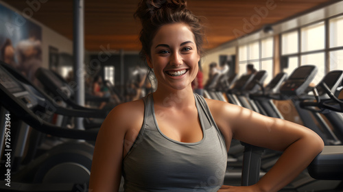 A radiant woman confidently poses for the camera at the gym, showcasing her toned arms and positive energy while surrounded by exercise equipment