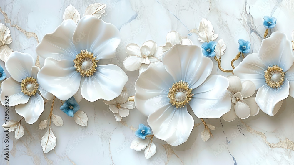 Luxurious 3D background featuring elegant white and blue accents flowers against a silk backdrop, perfect for printing on walls and ceilings. Luxurious 3D background featuring elegant white and blue accents flowers against a silk backdrop, perfect for printing on walls and ceilings.