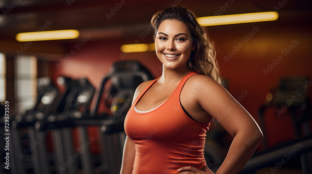 A confident fashion model poses in a red outfit, flashing a bright smile and showcasing her toned waist and defined shoulders during an indoor photo shoot at the gym