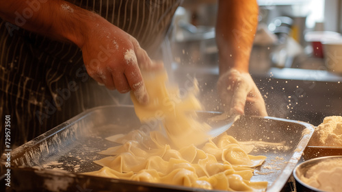 A man stands in a kitchen as he prepares pasta like Swabian Maultaschen or dumplings or ravioli photo