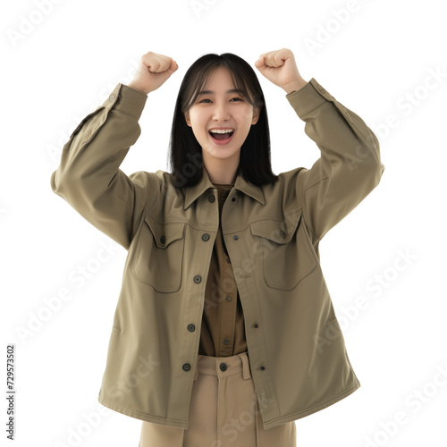 Upper body shot of a young asian woman cheering with joy raising her fists in the air, celebrating a success. Happy office winner. Transparent background.