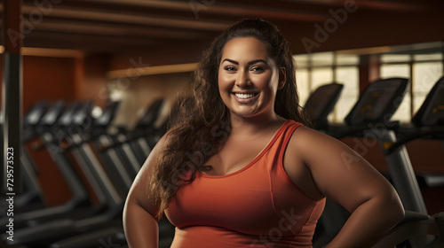 A confident female model exudes warmth and grace as she smiles at the camera, showcasing her stylish clothing and toned muscles