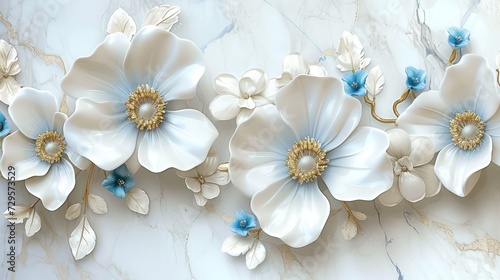 Luxurious 3D background featuring elegant white and blue accents flowers against a silk backdrop  perfect for printing on walls and ceilings.