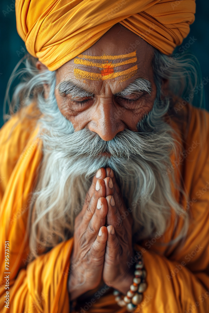 Obraz premium An elderly guru with a long beard dressed with a traditional costume Generative AI Illustration