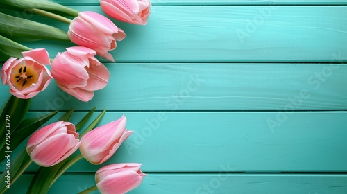 A beautiful frame composition of spring flowers. Fresh colorful tulip flowers on turquoise blue vintage wooden background with space for text