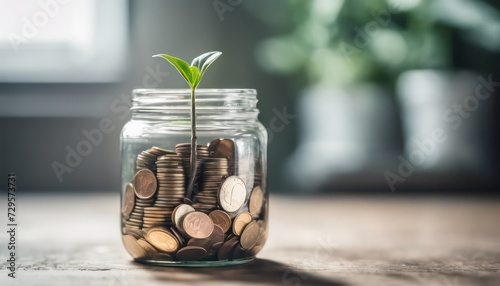 Plant growing in coins jar - investment and growth concept