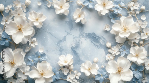 Luxurious 3D background featuring elegant white flowers against a silk backdrop  perfect for printing on walls and ceilings.