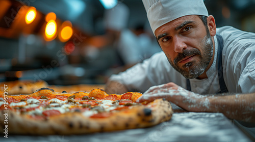 The chef prepares delicious, juicy, fragrant pizza photo