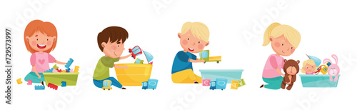Funny Kids Playing with Different Toys in Playroom Vector Set