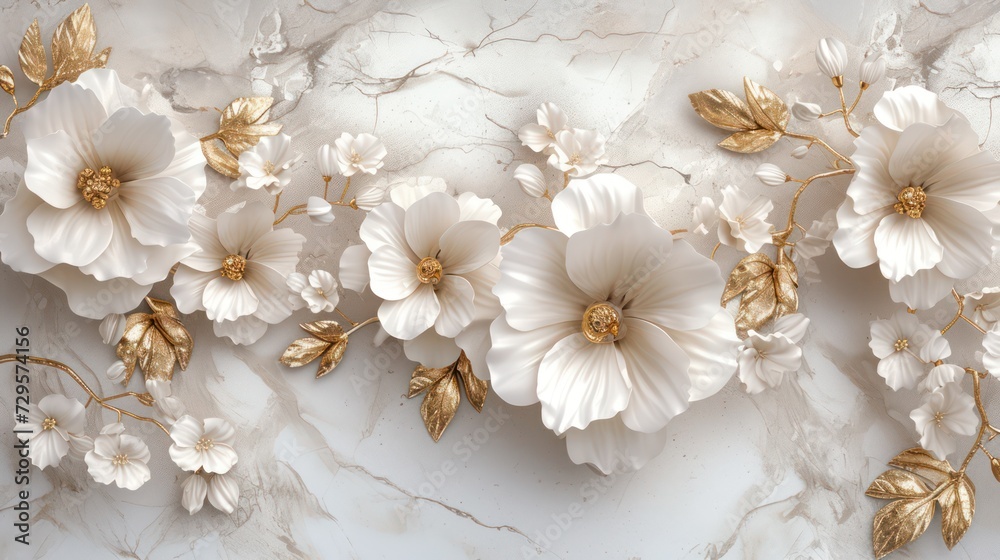 Luxurious 3D background featuring elegant white flowers against a silk backdrop, perfect for printing on walls and ceilings.