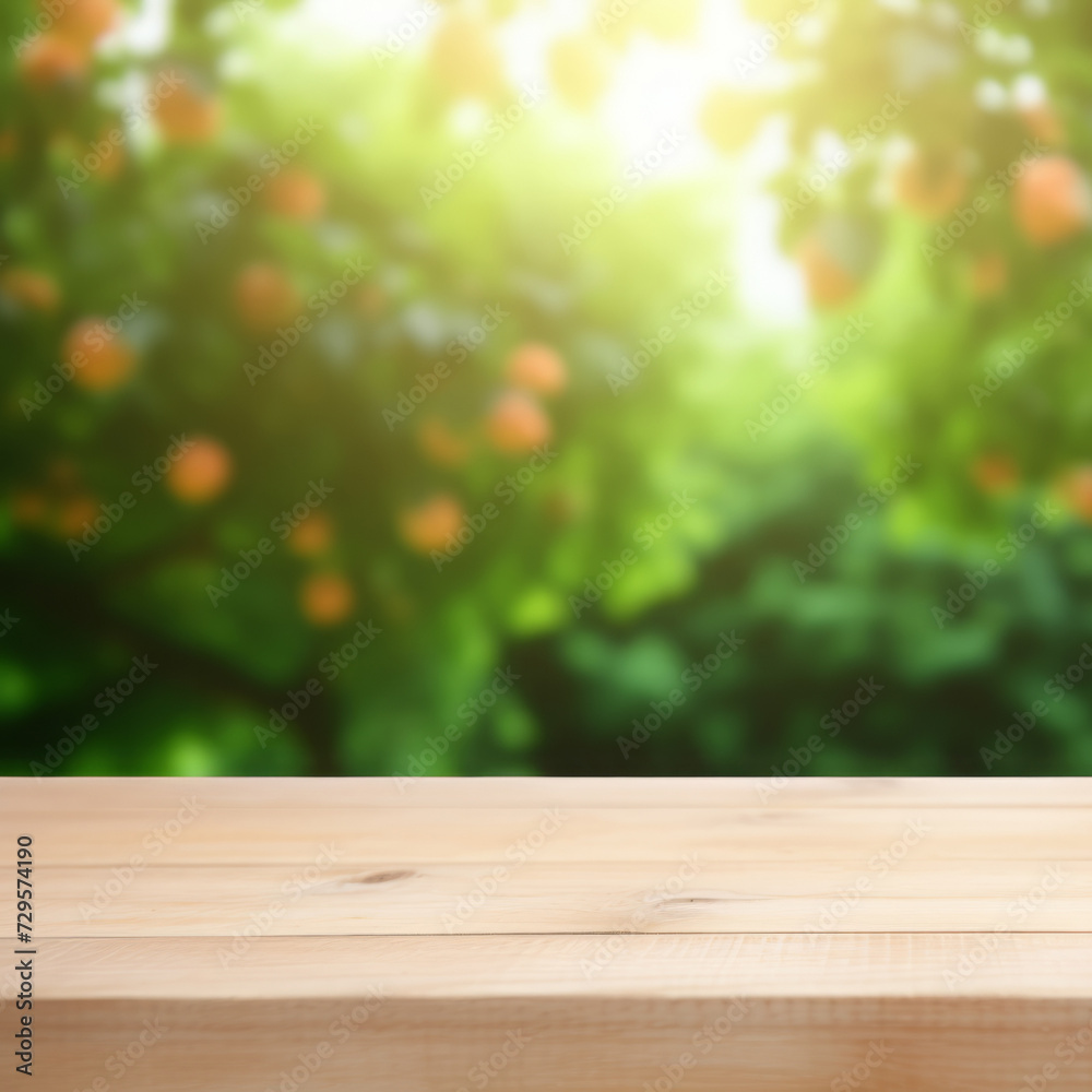 An empty wooden countertop on a blurred orchard background. a mockup for displaying your product outdoors. An empty wooden countertop on a blurred orchard background. a mockup for displaying your product outdoors.