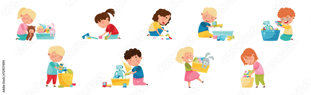 Funny Kids Playing with Different Toys in Playroom Vector Set Funny Kids Playing with Different Toys in Playroom Vector Set