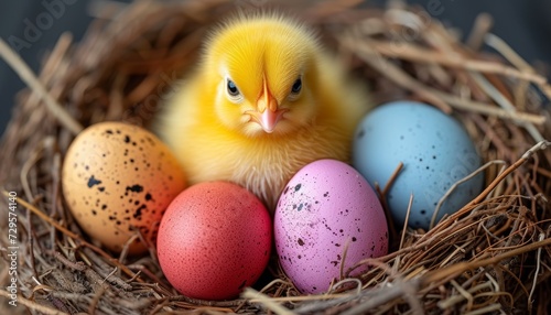 Easter eggs in nest with yellow chick on white background, top view mockup for celebration concept