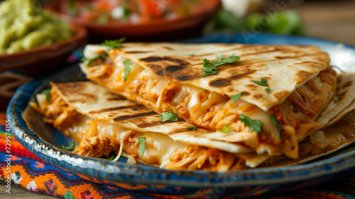 Detailed shot of a quesadilla oozing with cheese and shredded chicken, the tortilla grilled to a perfect golden brown. photo